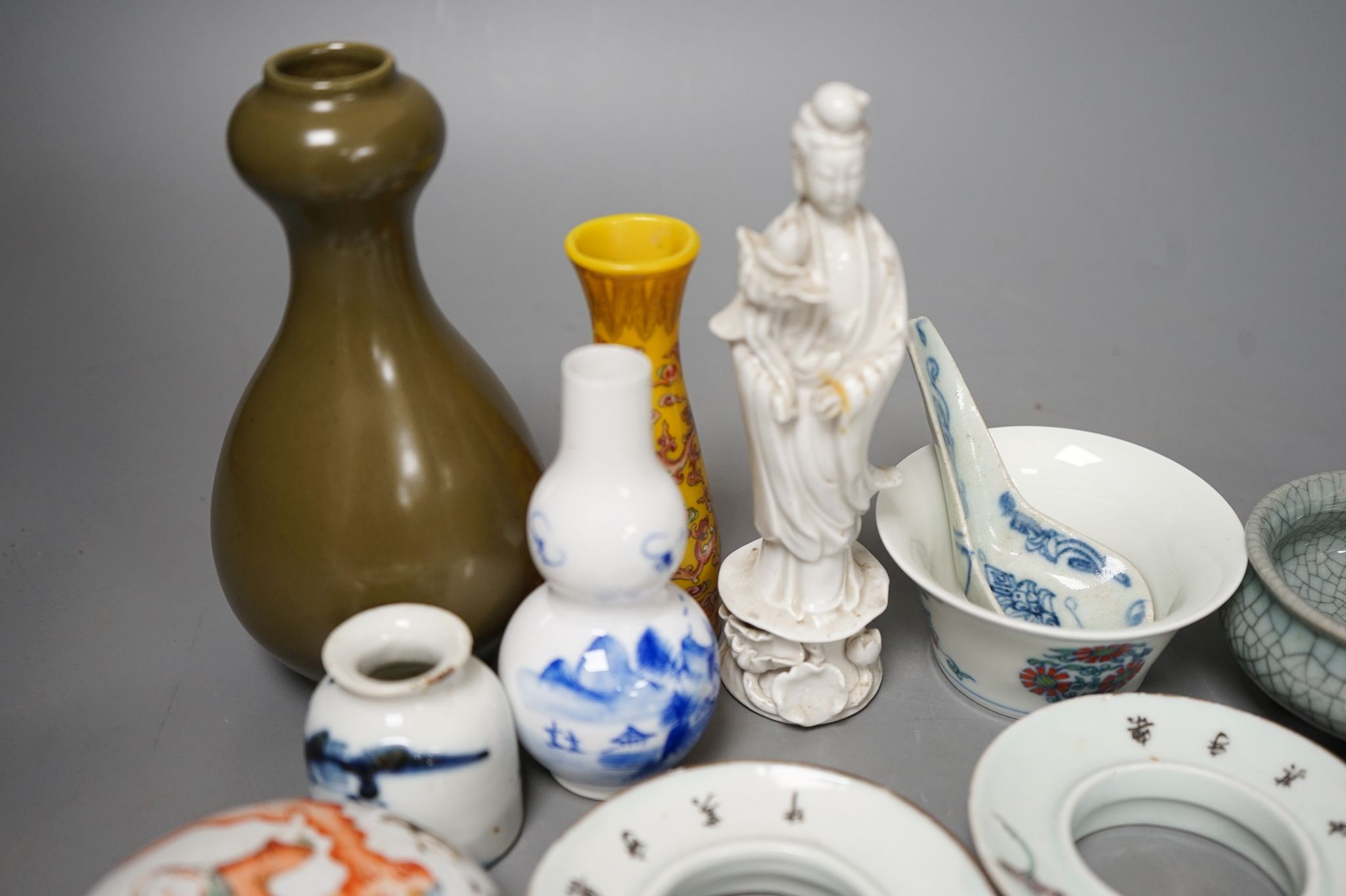 A group of Chinese ceramics including a tea dust vase, blanc de chine figure, famille rose box and cover etc., tallest 16cm